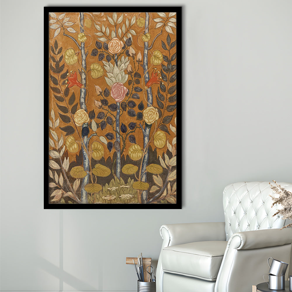 Vintage Folk Art Botanical Framed Art Print Wall Decor, Unique Abstract Floral Bouquet Oil Painting Art