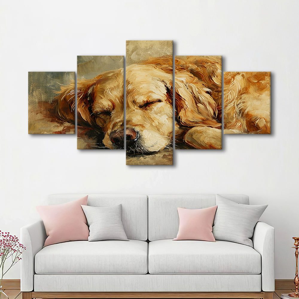 Vintage Golden Retriever Art Print Oil Painting, Gift for Dog Lovers, 5 Panel Mixed Canvas Print Wall Art, Large Canvas