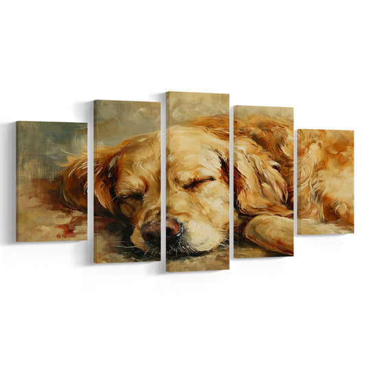 Vintage Golden Retriever Art Print Oil Painting, Gift for Dog Lovers, 5 Panel Mixed Canvas Print Wall Art, Large Canvas