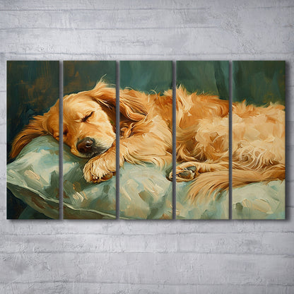 Vintage Golden Retriever Puppy Oil Painting, Gift for Dog Lovers, 5 Panel B Canvas Print Wall Art, Extra Large Canvas