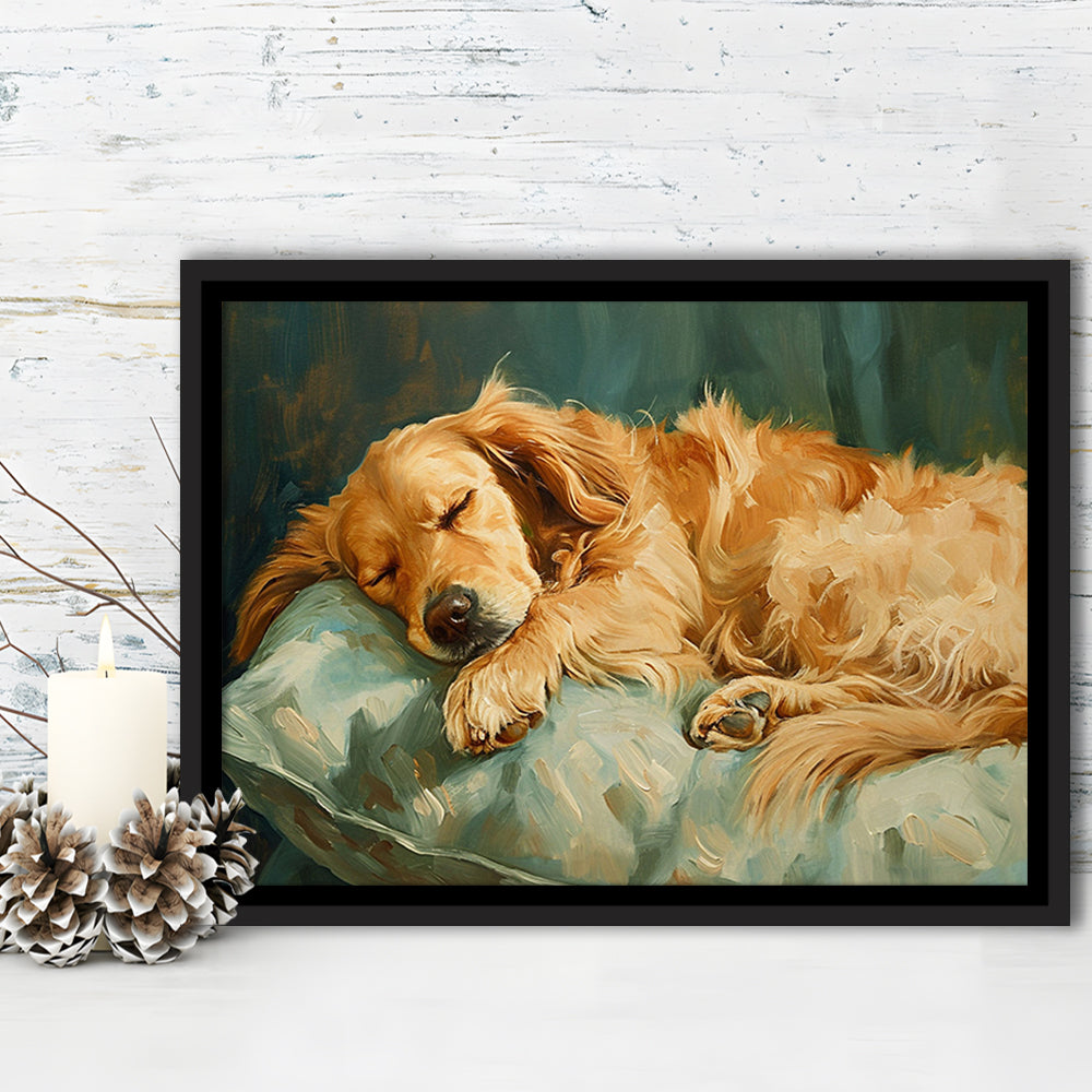 Vintage Golden Retriever Puppy Art Print Oil Painting, Gift For Dog Lovers, Framed Canvas Print Wall Art, Floating Frame