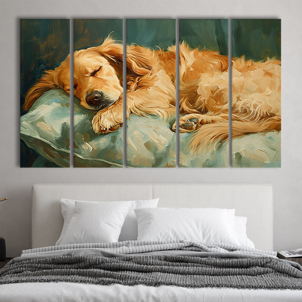 Vintage Golden Retriever Puppy Oil Painting, Gift for Dog Lovers, 5 Panel B Canvas Print Wall Art, Extra Large Canvas