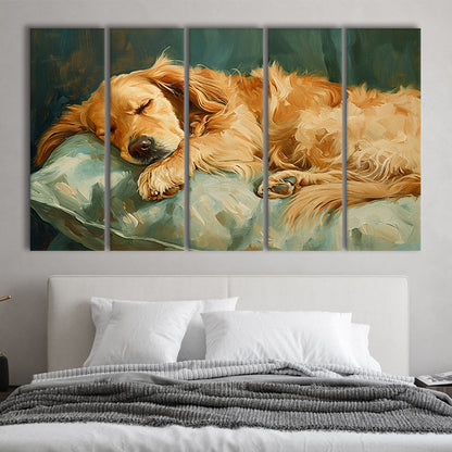 Vintage Golden Retriever Puppy Oil Painting, Gift for Dog Lovers, 5 Panel B Canvas Print Wall Art, Extra Large Canvas