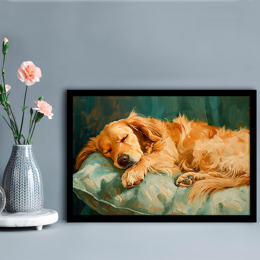 Vintage Golden Retriever Puppy Art Print Oil Painting, Gift for Dog Lovers, Framed Art Print Wall Decor, Picture Framed
