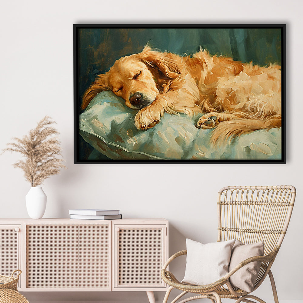 Vintage Golden Retriever Puppy Art Print Oil Painting, Gift For Dog Lovers, Framed Canvas Print Wall Art, Floating Frame