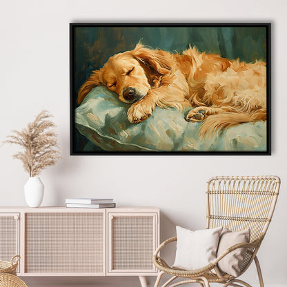 Vintage Golden Retriever Puppy Art Print Oil Painting, Gift For Dog Lovers, Framed Canvas Print Wall Art, Floating Frame