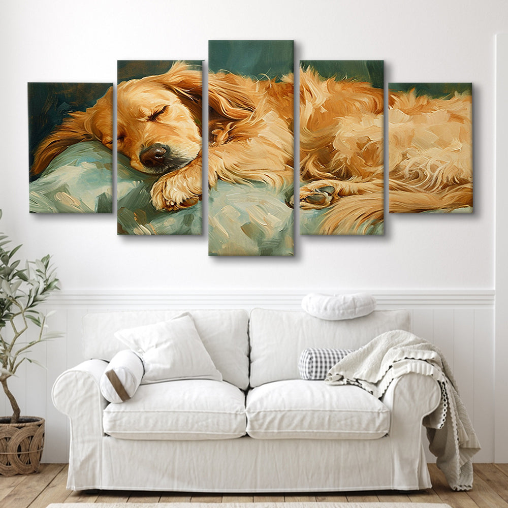 Vintage Golden Retriever Puppy Art Print Oil Painting, Gift for Dog Lovers, 5 Panel Mixed Canvas Print Wall Art, Large Canvas
