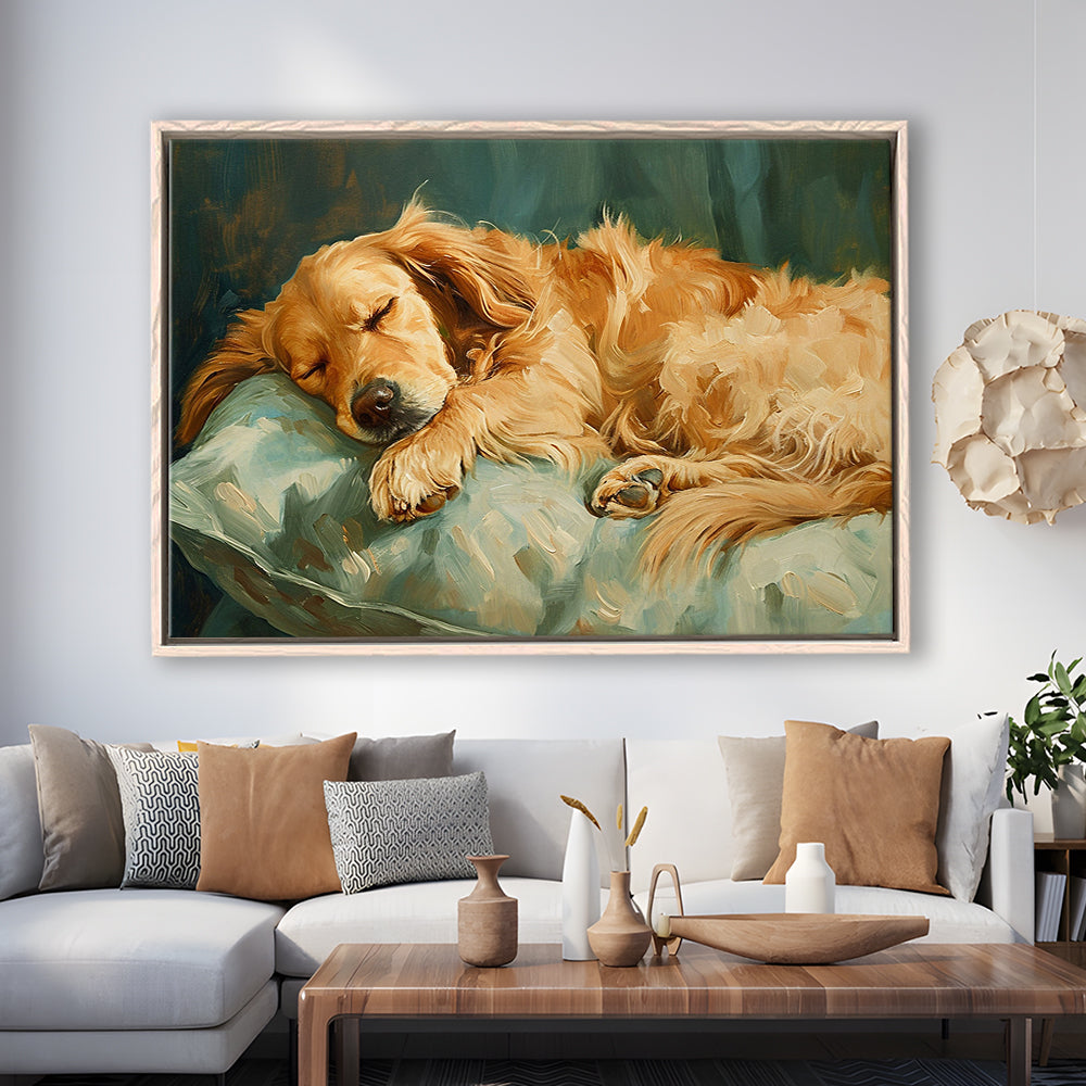 Vintage Golden Retriever Puppy Art Print Oil Painting, Gift For Dog Lovers, Framed Canvas Print Wall Art, Floating Frame