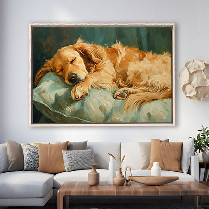 Vintage Golden Retriever Puppy Art Print Oil Painting, Gift For Dog Lovers, Framed Canvas Print Wall Art, Floating Frame