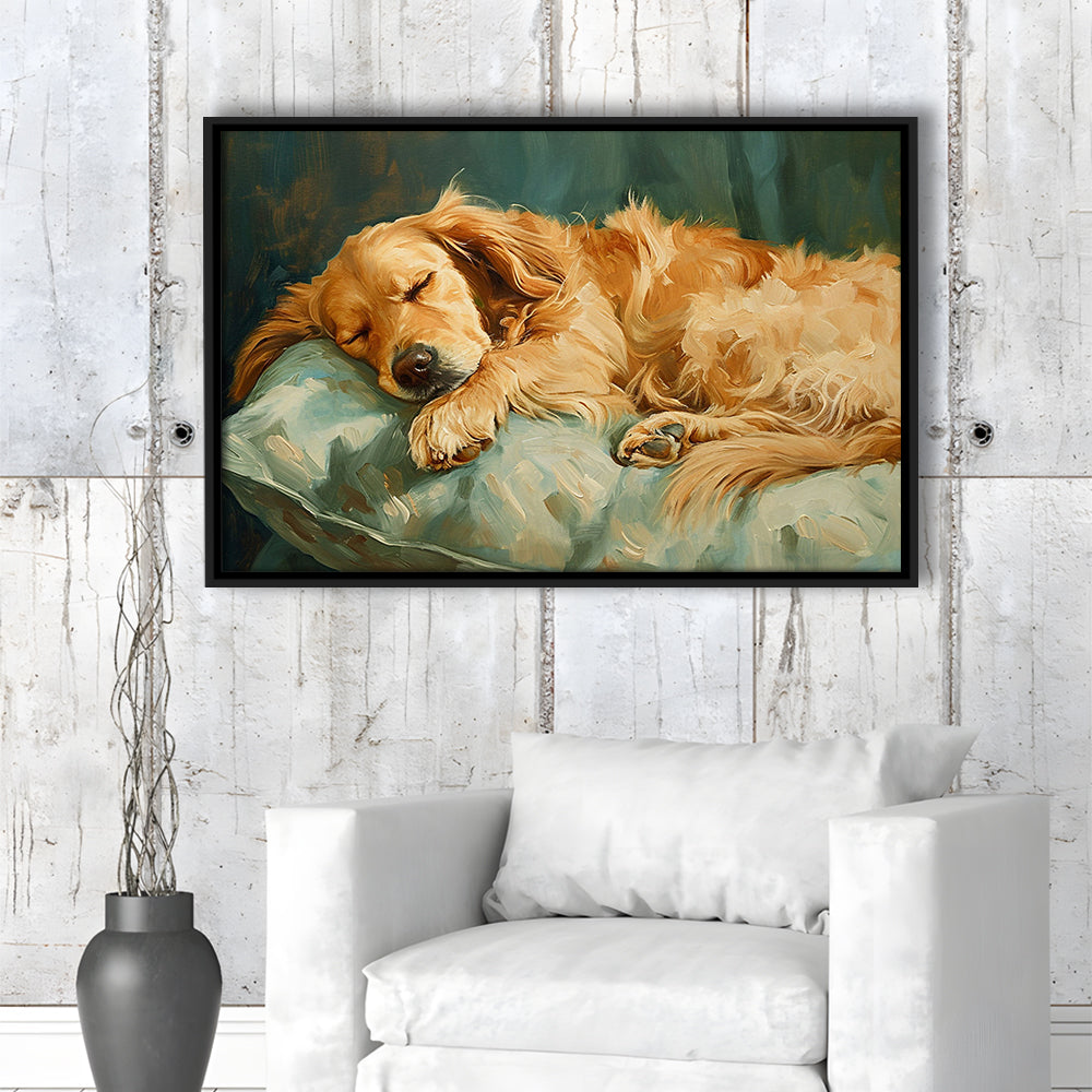 Vintage Golden Retriever Puppy Art Print Oil Painting, Gift For Dog Lovers, Framed Canvas Print Wall Art, Floating Frame