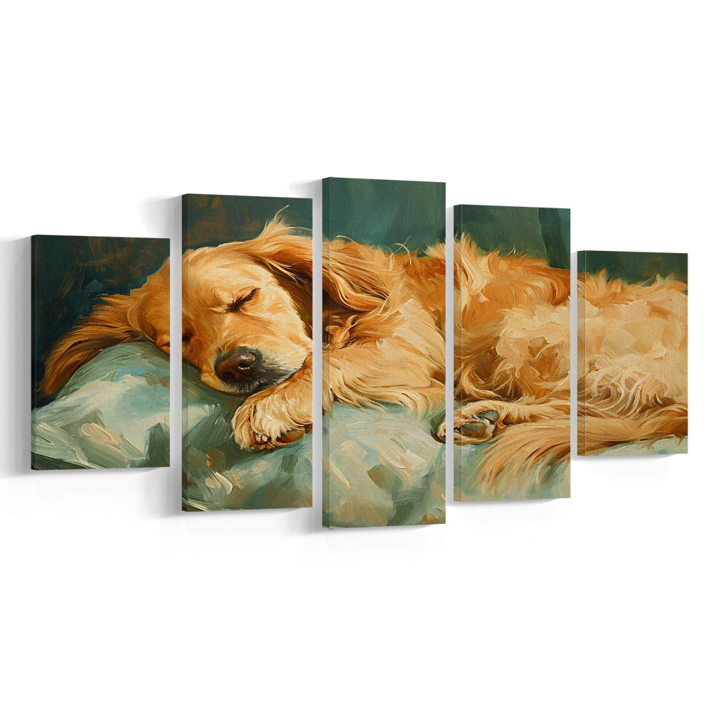 Vintage Golden Retriever Puppy Art Print Oil Painting, Gift for Dog Lovers, 5 Panel Mixed Canvas Print Wall Art, Large Canvas
