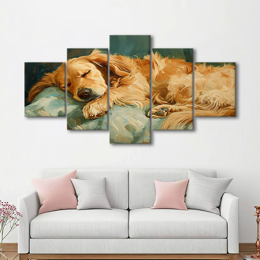 Vintage Golden Retriever Puppy Art Print Oil Painting, Gift for Dog Lovers, 5 Panel Mixed Canvas Print Wall Art, Large Canvas