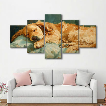 Vintage Golden Retriever Puppy Art Print Oil Painting, Gift for Dog Lovers, 5 Panel Mixed Canvas Print Wall Art, Large Canvas