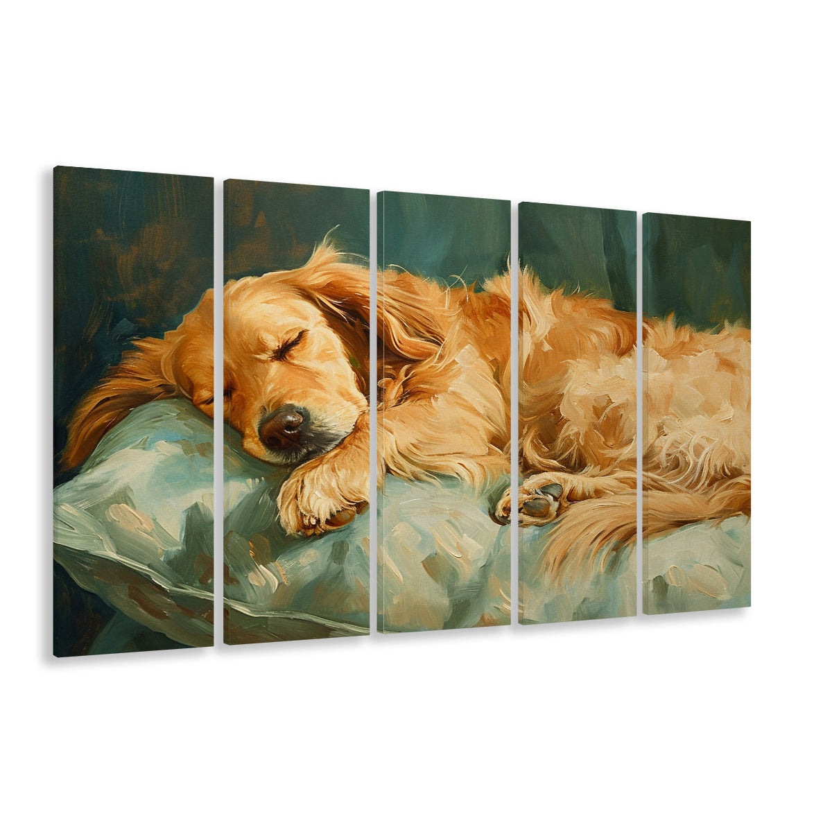 Vintage Golden Retriever Puppy Oil Painting, Gift for Dog Lovers, 5 Panel B Canvas Print Wall Art, Extra Large Canvas