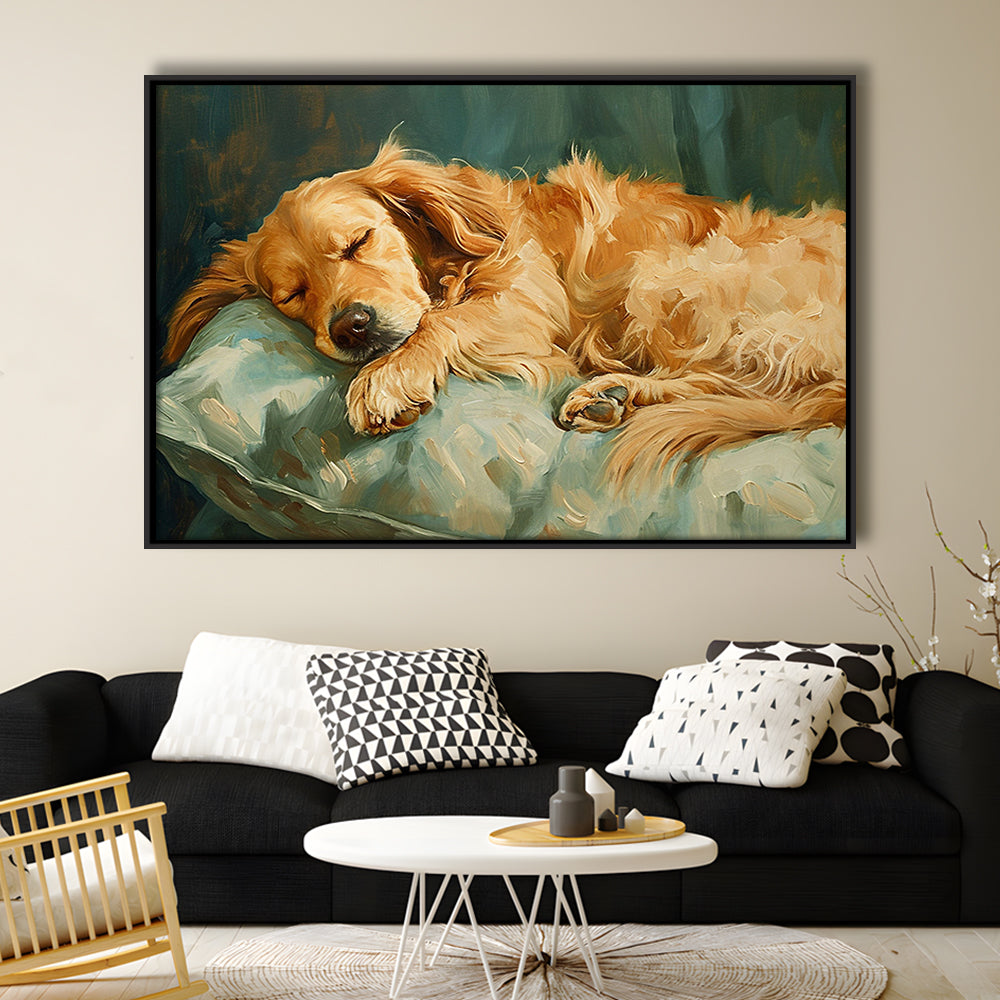 Vintage Golden Retriever Puppy Art Print Oil Painting, Gift For Dog Lovers, Framed Canvas Print Wall Art, Floating Frame