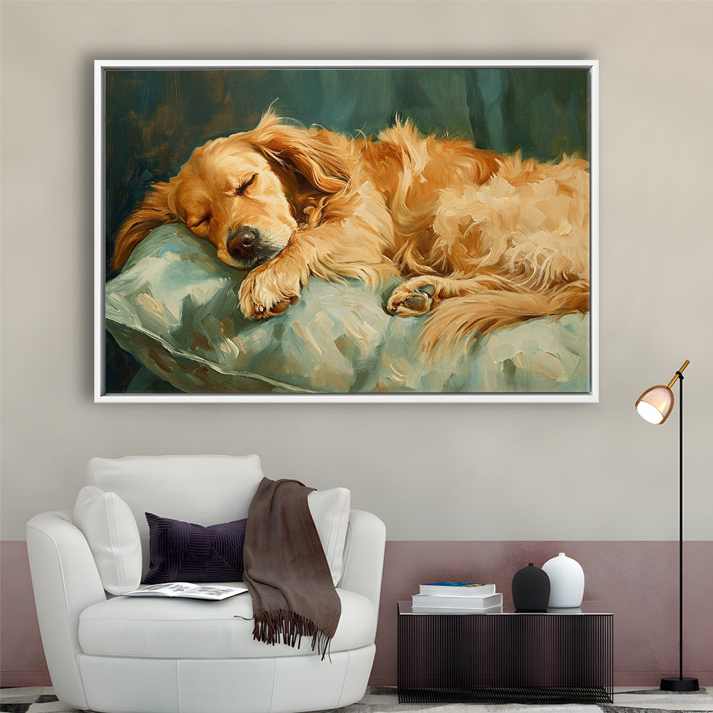 Vintage Golden Retriever Puppy Art Print Oil Painting, Gift For Dog Lovers, Framed Canvas Print Wall Art, Floating Frame