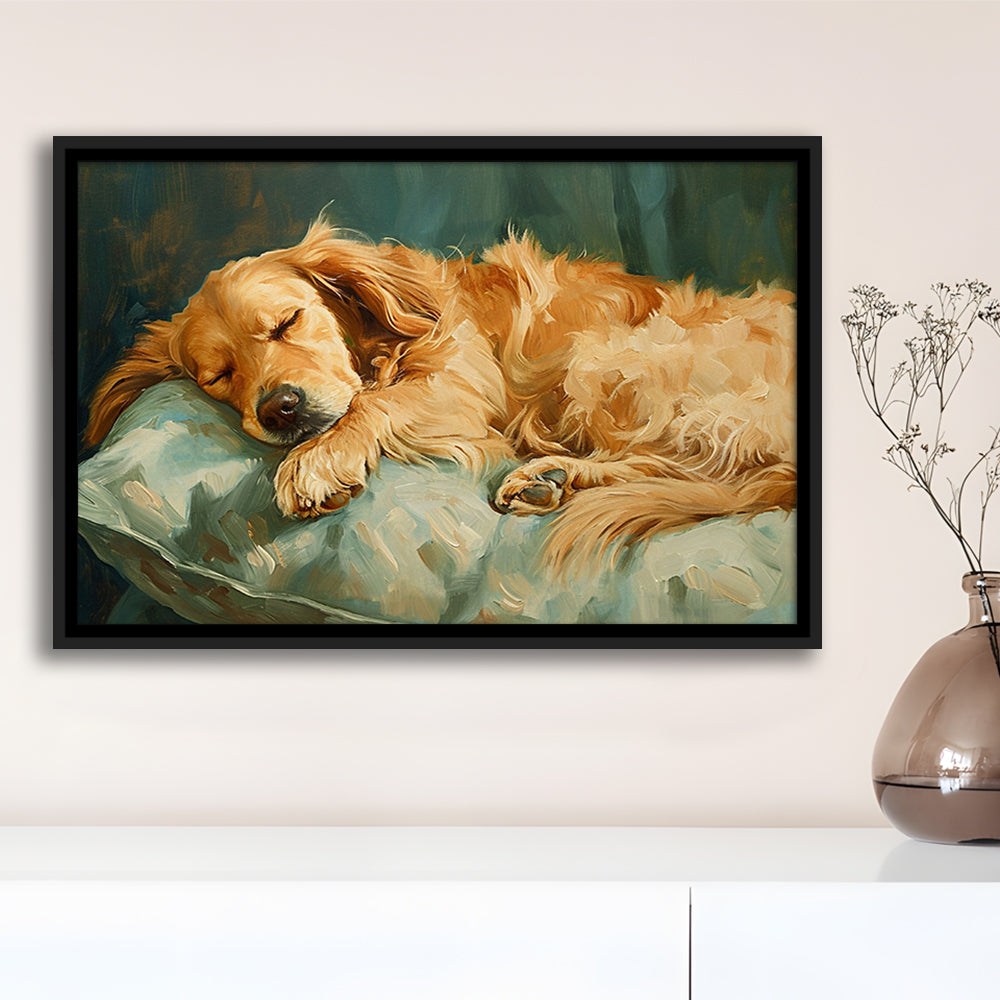 Vintage Golden Retriever Puppy Art Print Oil Painting, Gift For Dog Lovers, Framed Canvas Print Wall Art, Floating Frame