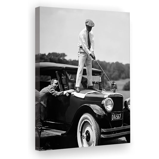 Vintage Golfer Teeing on Car Canvas Print Wall Art, Black and White, Sports Golf Wall Decor, Gift for Men, Retro Golf Print