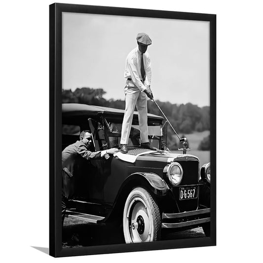 Vintage Golfer Teeing on Car Framed Art Print Wall Decor, Black and White, Sports Golf Wall Decor, Retro Golf Print