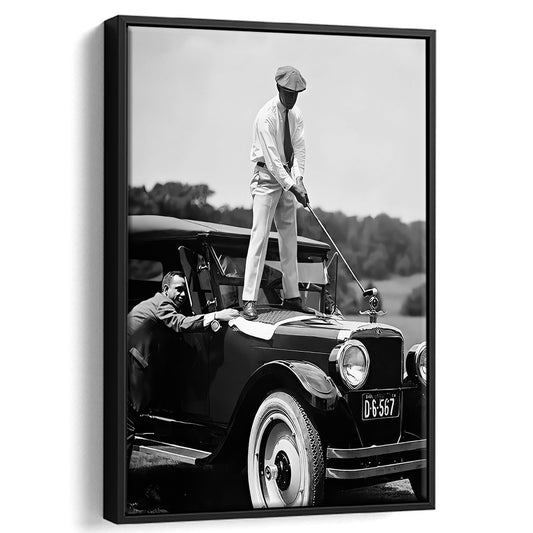Vintage Golfer Teeing on Car Framed Canvas Print Wall Art, Black and White, Sports Golf Wall Decor, Retro Golf Print