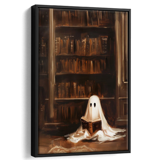 Vintage Library Ghost Print,Halloween Decor ,Academia,Spooky,Ghost Painting, Framed Canvas Print Wall Art, Floating Frame