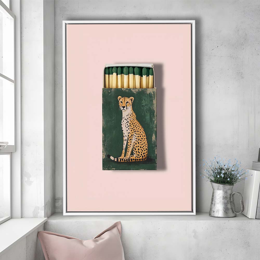 Vintage Matchbox Cheetah Print, Emerald Green Leopard Print, Funky Wall Art, Animal Print, Framed Canvas Print, Floating Frame