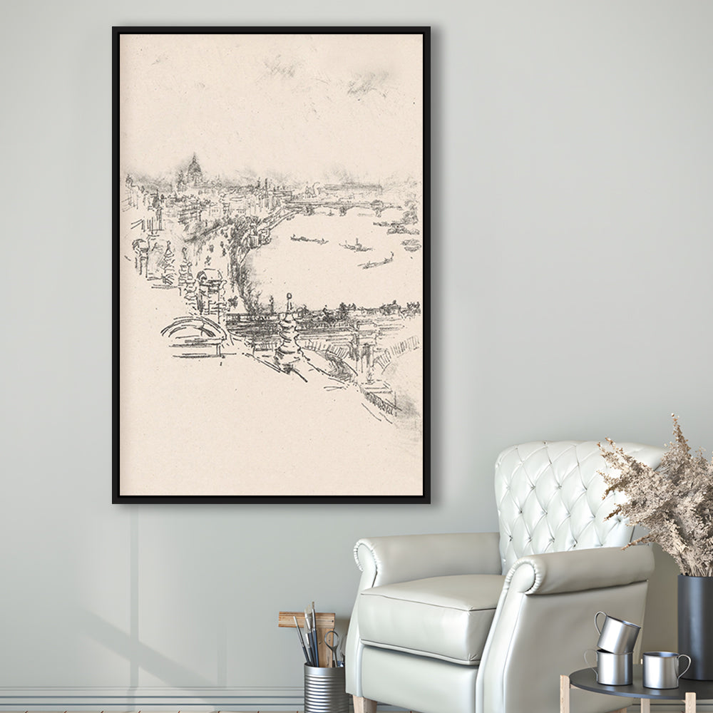 Vintage Minimalist Landscape Sketch Art Neutral Tones Cityscape Fine Art