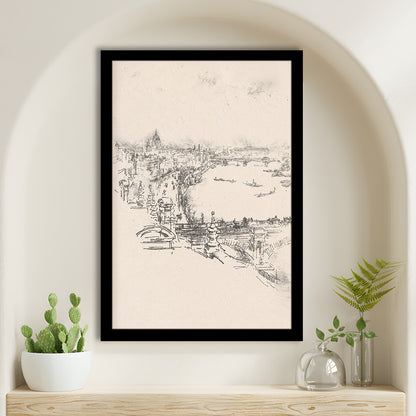 Vintage Minimalist Landscape Sketch Art Neutral Tones Cityscape Fine Art