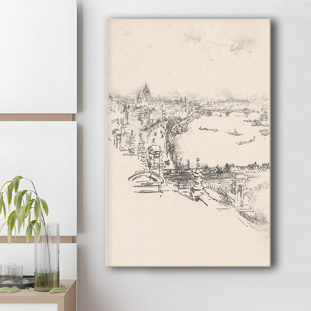 Vintage Minimalist Landscape Sketch Art Neutral Tones Cityscape Fine Art