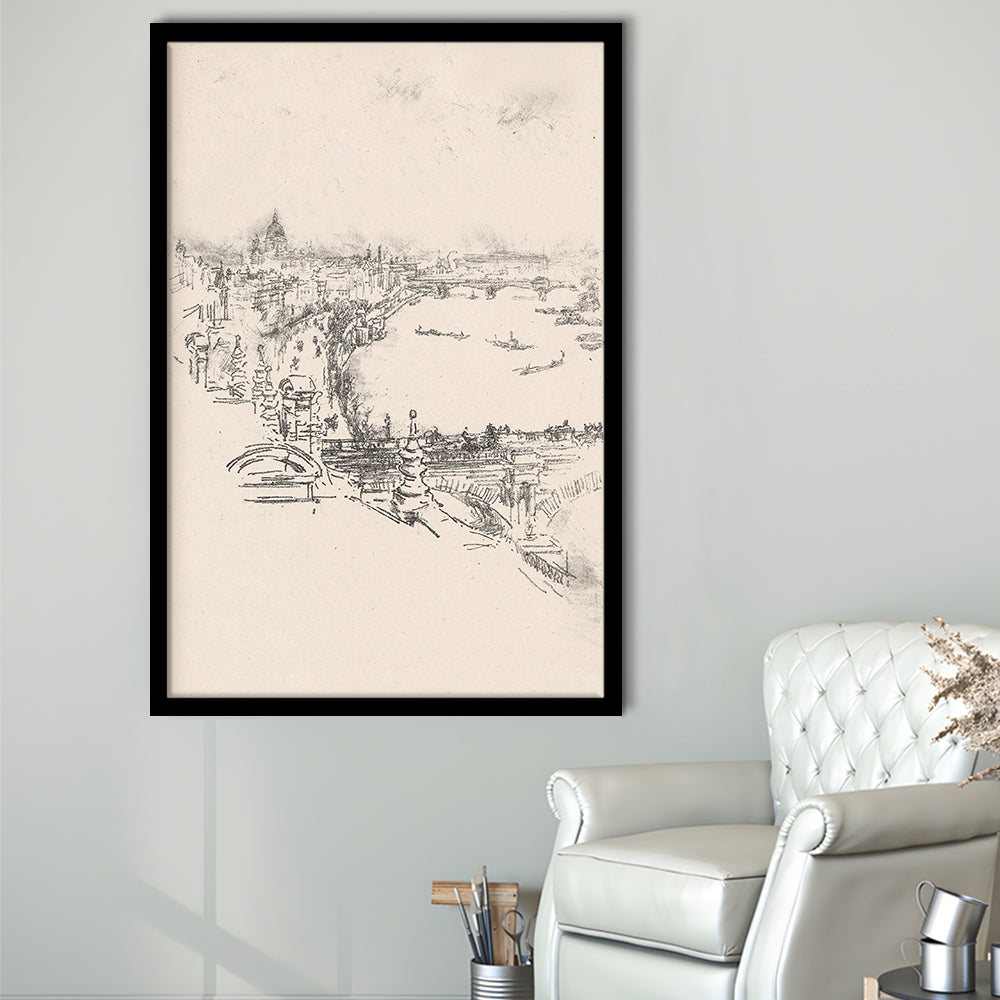 Vintage Minimalist Landscape Sketch Art Neutral Tones Cityscape Fine Art