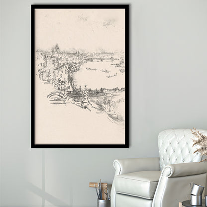Vintage Minimalist Landscape Sketch Art Neutral Tones Cityscape Fine Art