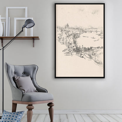Vintage Minimalist Landscape Sketch Art Neutral Tones Cityscape Fine Art