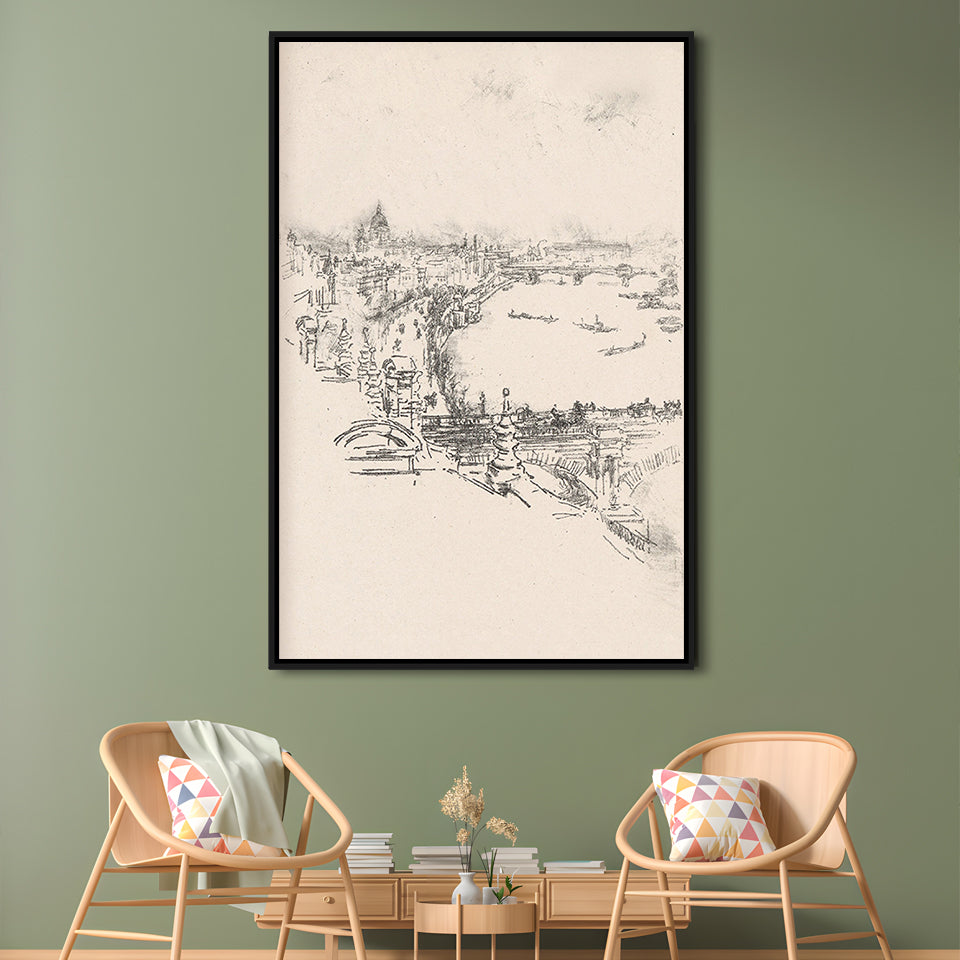 Vintage Minimalist Landscape Sketch Art Neutral Tones Cityscape Fine Art