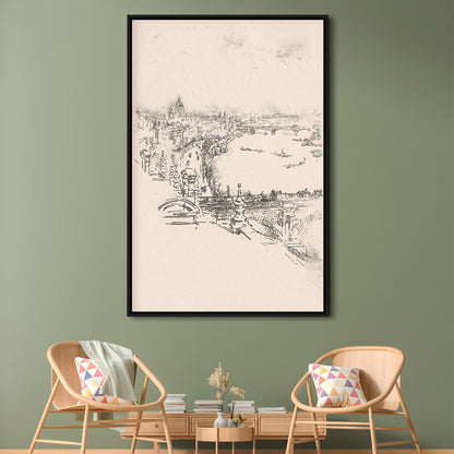 Vintage Minimalist Landscape Sketch Art Neutral Tones Cityscape Fine Art