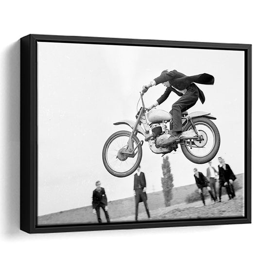 Vintage Motorcycle Print, Black and White Wall Art, Teen Boy Bedroom Decorable Art, Floating Framed Canvas Print