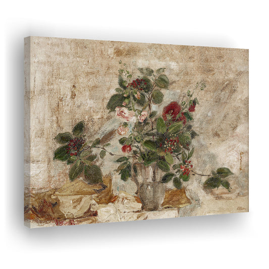 Vintage Neutral Floral Bouquet Canvas Print Wall Art, Muted Botanical Wall Decor Antique Victorian Flowers Art