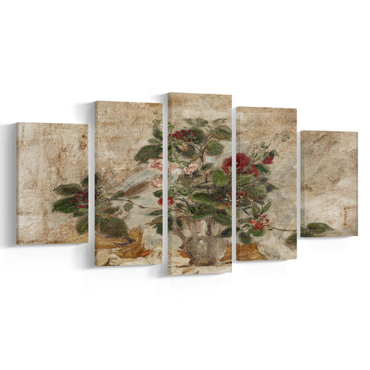 Vintage Neutral Floral Bouquet Mixed Canvas Print Wall Art, Muted Botanical Wall Decor Antique Victorian Flowers Art