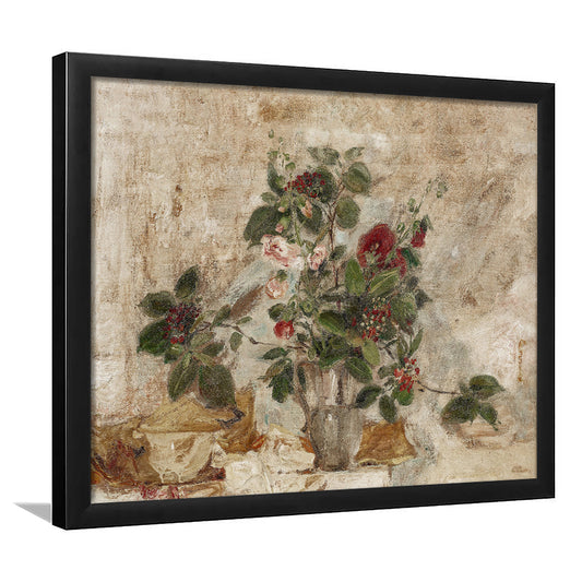 Vintage Neutral Floral Bouquet Framed Art Print Wall Decor, Muted Botanical Wall Decor Antique Victorian Flowers Art