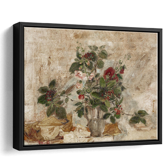 Vintage Neutral Floral Bouquet Framed Canvas Print Wall Art, Muted Botanical Wall Decor Antique Victorian Flowers Art