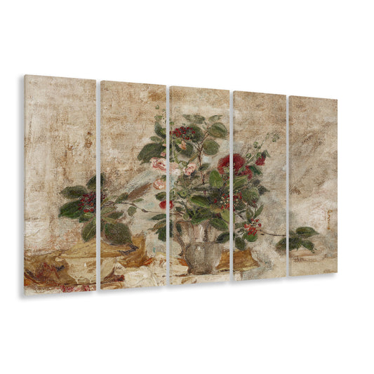 Vintage Neutral Floral Bouquet 5 Panels Canvas Print Wall Art, Muted Botanical Wall Decor Antique Victorian Flowers Art
