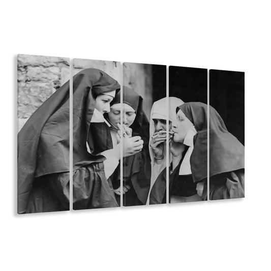 Vintage Nuns Smoking Print, Black and White, Teen Girls Bathroom Decor, 5 Pieces Large Canvas Print