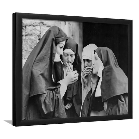 Vintage Nuns Smoking Print, Black and White, Teen Girls Bathroom Decor, Framed Art Print Wall Decor