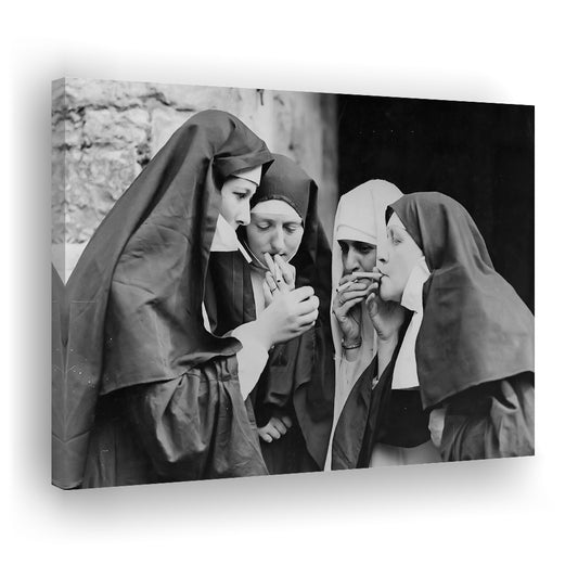 Vintage Nuns Smoking Print, Black and White, Teen Girls Bathroom Decor, Canvas Print Wall Art Decor
