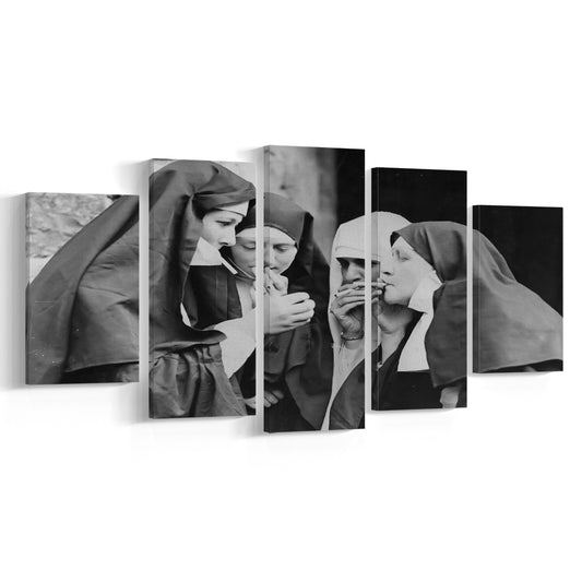 Vintage Nuns Smoking Print, Black and White, Teen Girls Bathroom Decor, Mixed 5 Pieces Canvas Print