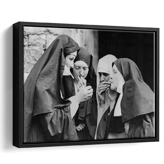 Vintage Nuns Smoking Print, Black and White, Teen Girls Bathroom Decor, Floating Framed Canvas Print