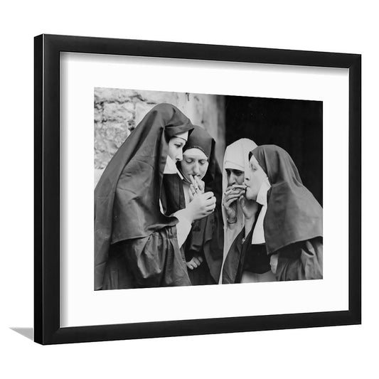 Vintage Nuns Smoking Print, Black and White, Teen Girls Bathroom Decor, Framed Art Print White Border Wall Decor