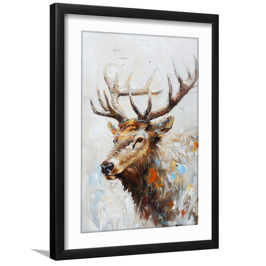 Vintage Painting Of Portrait Elk With Anlters, Framed Picture Print, Framed Art Prints White Border Wall Decor
