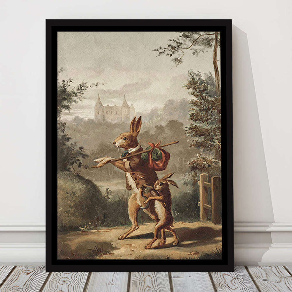 Vintage Rabbit Painting Easter Nursery Framed Canvas Print Wall Art, 20th Century Art Paintings