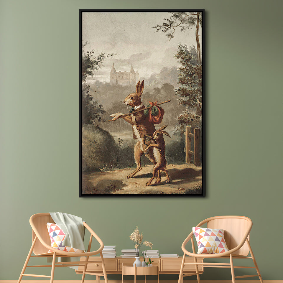 Vintage Rabbit Painting Easter Nursery Framed Canvas Print Wall Art, 20th Century Art Paintings