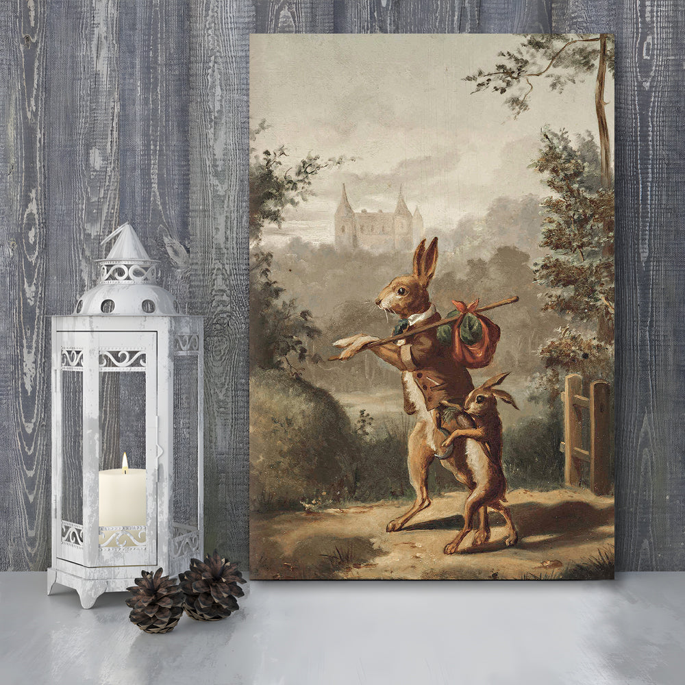 Vintage Rabbit Painting Easter Nursery Canvas Print Wall Art, 20th Century Art Paintings